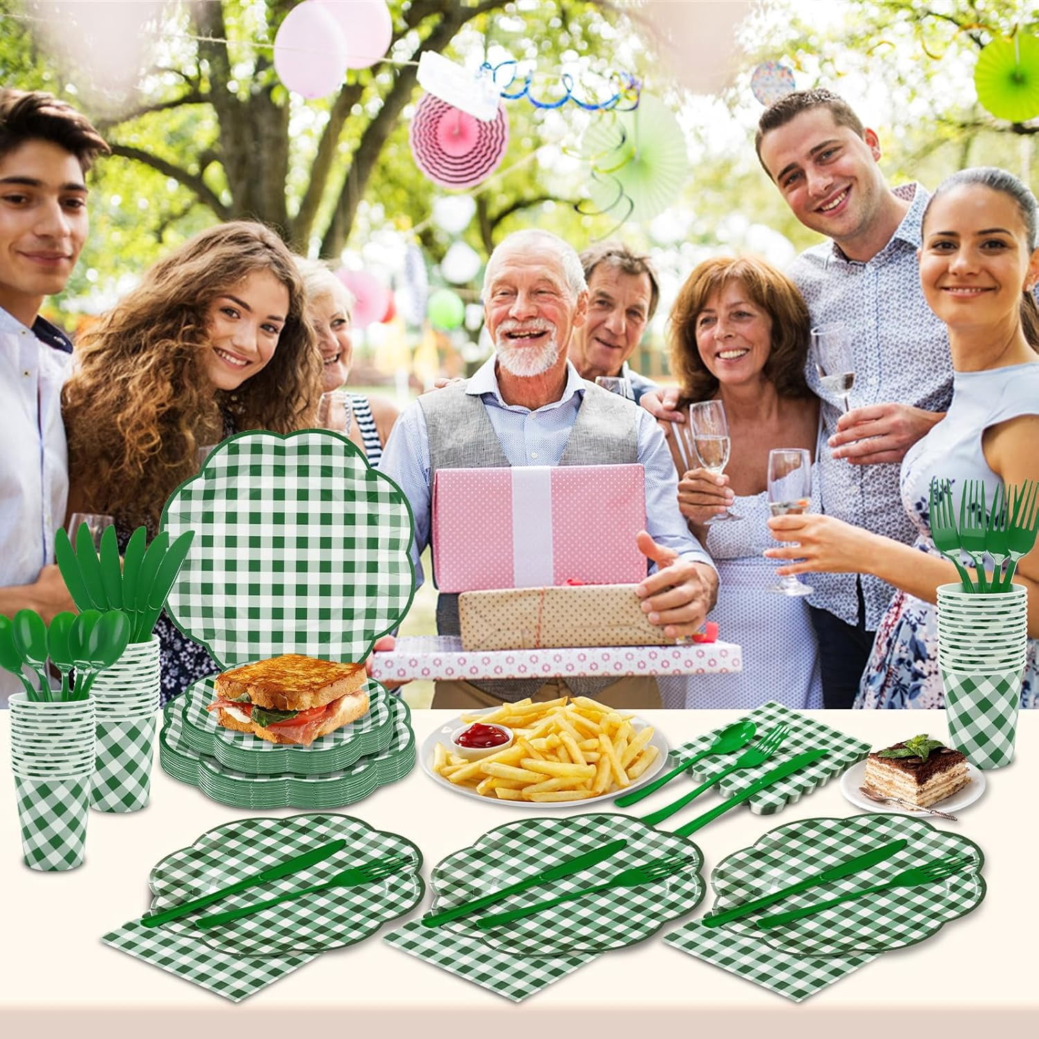 175 Pcs Green Gingham Plates and Napkins Party Supplies - Green and White Checkered Plates Sets Serve 25 Guests - Scalloped Gingham Paper Plate for Birthday Picnic BBQ Golf Party Decorations