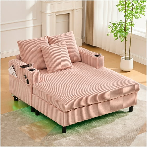 JERFIT Pink Corduroy Modern Recliner Sofa with RGB LED Lights, USB Charging, Cup Holders & Deep Seat for Living Room, Bedroom