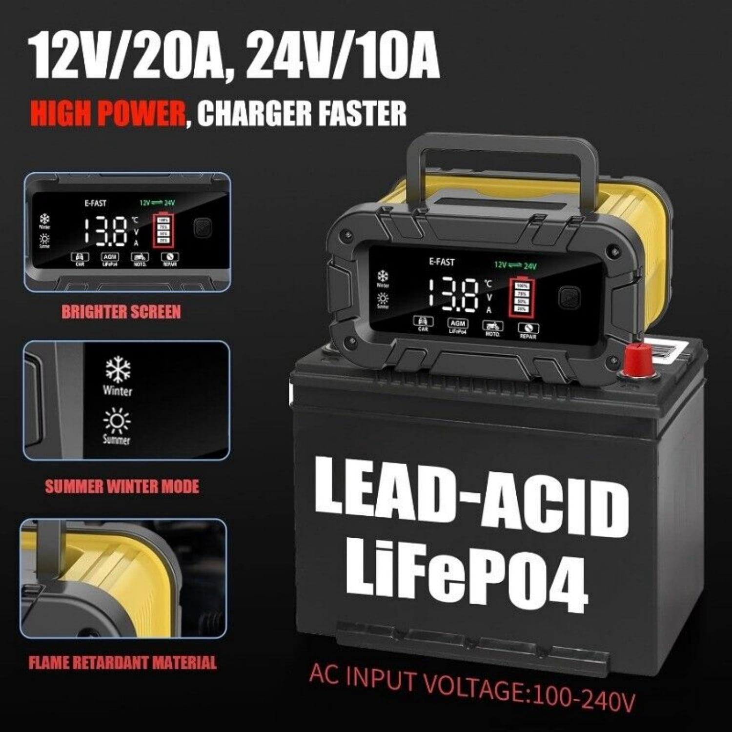 20A E-FAST Smart Car Battery Charger 12V/24V Auto Trickle Maintainer for Truck LiFePO4