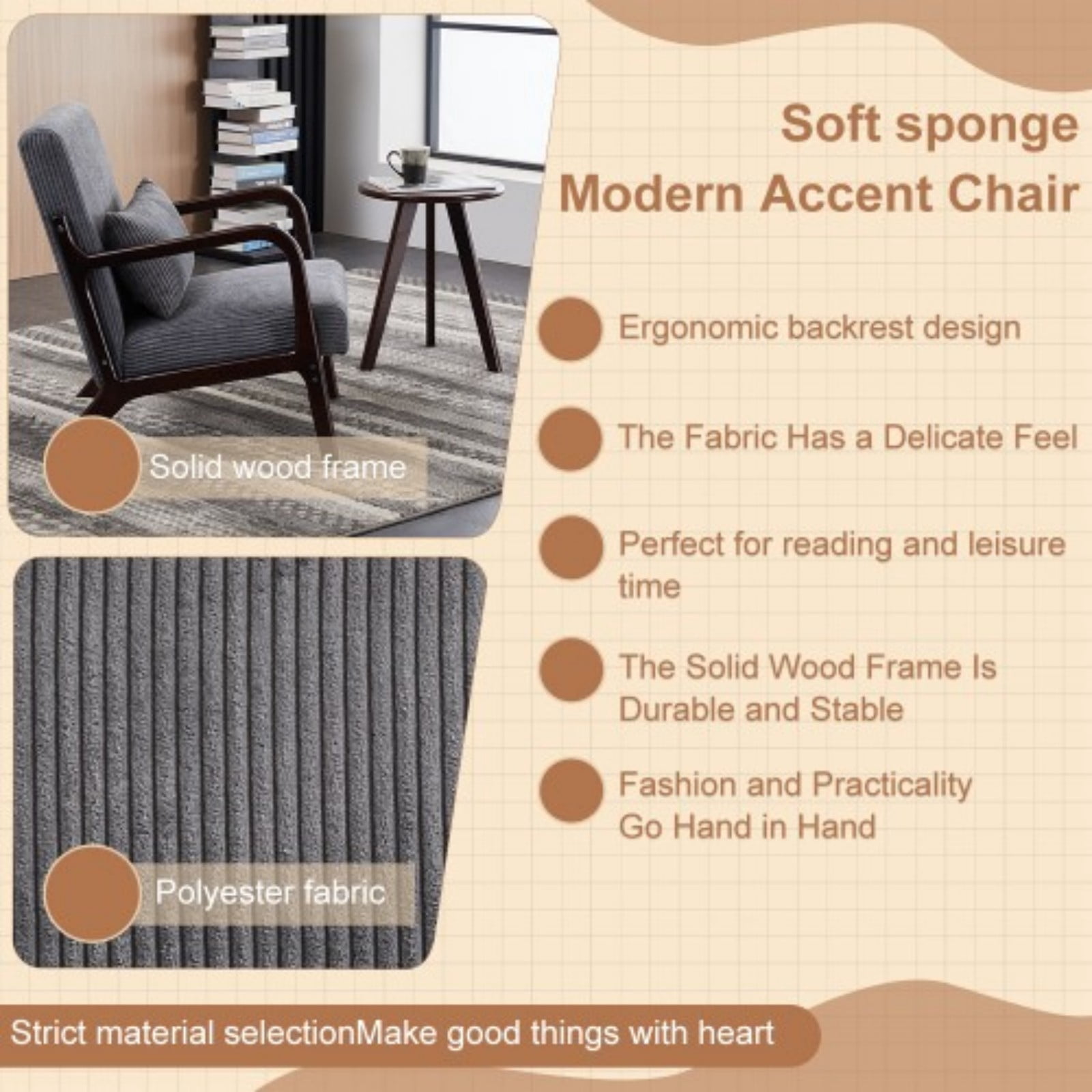 Mid-Century Modern Accent Chair, Upholstered Reading Arm Chair with Pillow, Solid Wood Frame Living Room Chair for Bedroom Balcony, Dark Grey