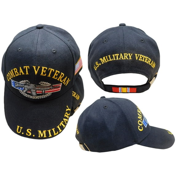Combat Veteran U.S. Military USA Flag Black Embroidered Baseball Cap Hat
