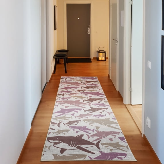 Shark Decorative Rug, Colorful Underwater Fish Pattern Masters Survival Predators Dangerous Nature, Quality Carpet for Bedroom Dorm and Living Room, 6 Sizes, Grey Pink, by Ambesonne