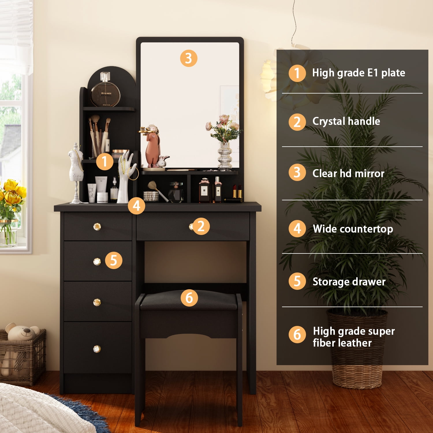 KULAGAGA Makeup Table with Mirror, Vanity Drssing Table with Drawers for Bedroom Black