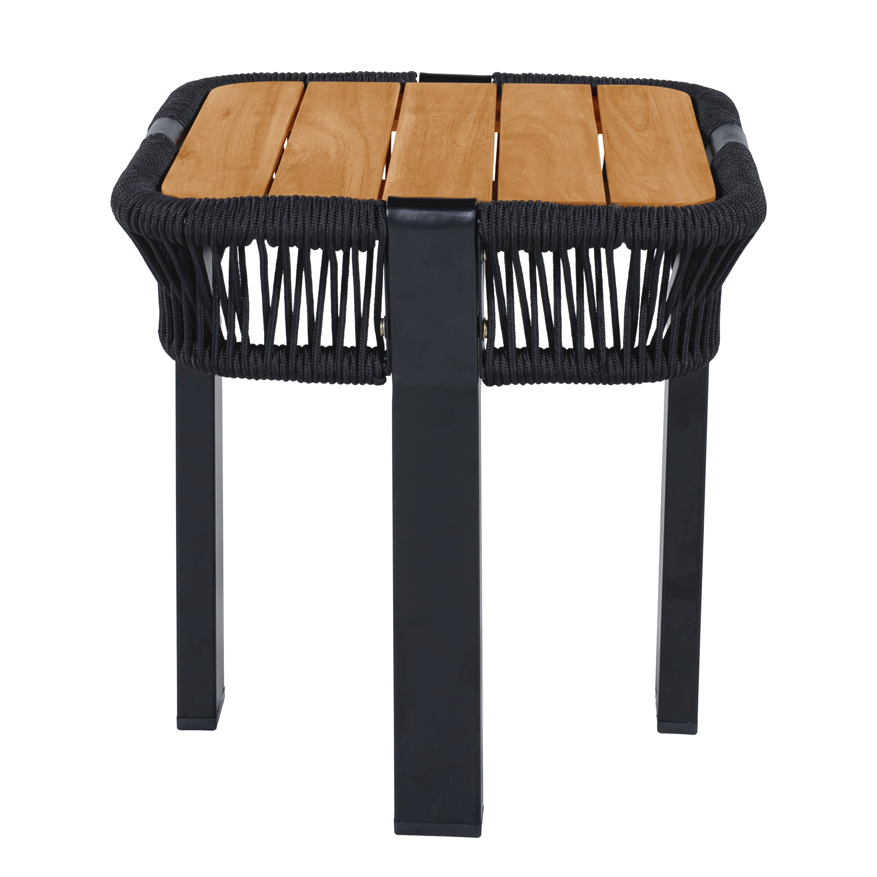 Outdoor Side Table 18.11 Inch, Acacia Wood Top with Black Rope and Metal Frame for Patio Balcony, Black and Teak