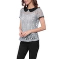 thumbnail image 5 of MODA NOVA Junior's Contrast Doll Collar Short Sleeve Tops Sheer Lace Top Gray L, 5 of 6