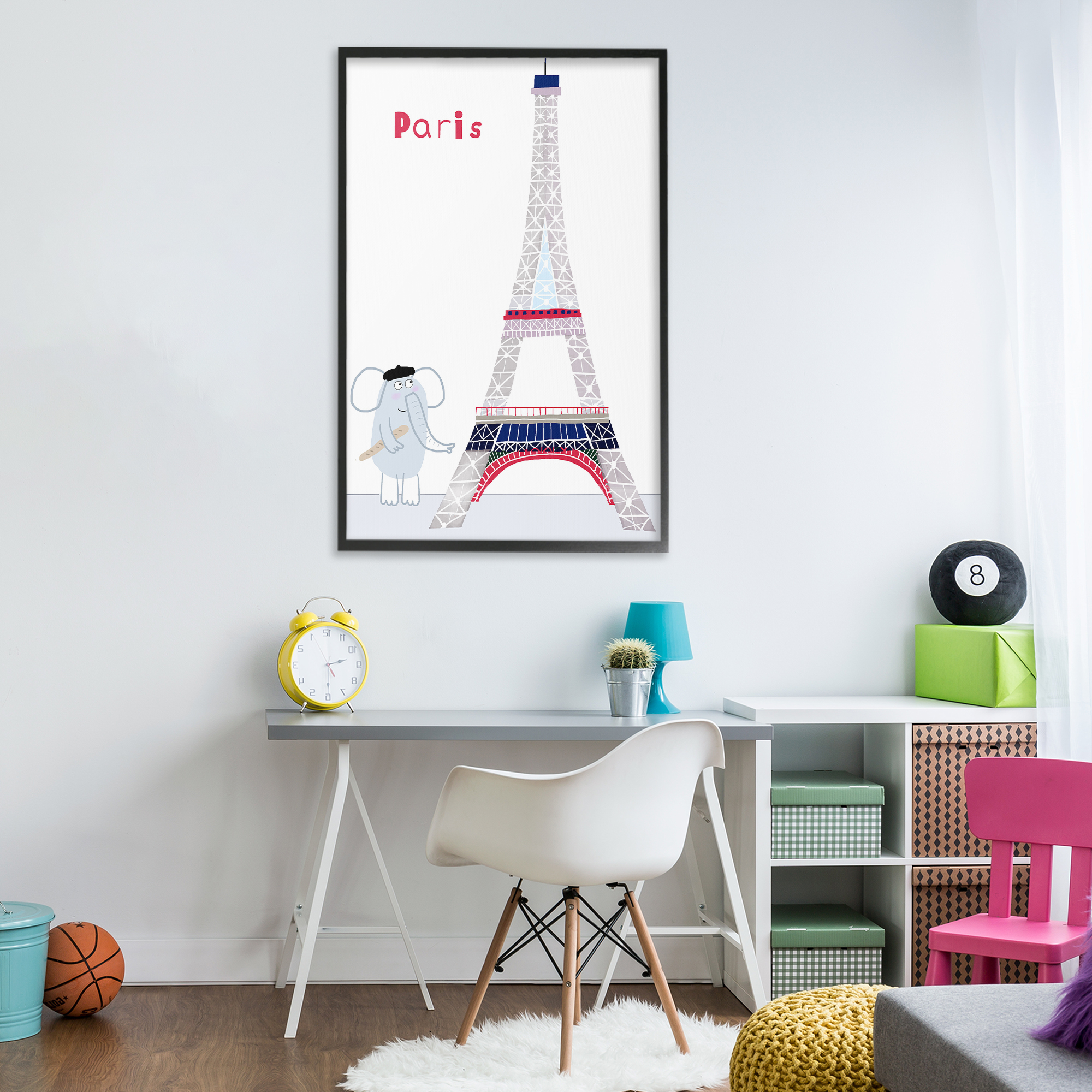 Elephant & Eiffel Tower Black Framed Giclee Art, design by Carla Daly