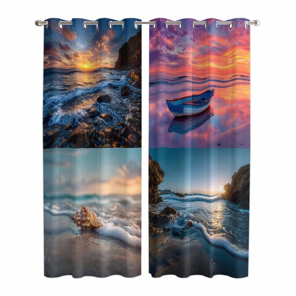 Beach Conch Kitchen Curtains Window Panels, Ocean Boat Pink Sunset Reef Coastal Seascape Insulated Window Treatment Curtain, Grommet Curtains for Bedroom/Living Room/Bathroom, 2 Piece 42"Wx84"L