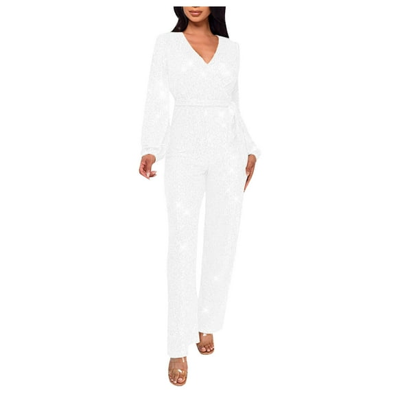 JMYHOAM Jumpsuits for Women, Women'S Solid Color High-Waisted Long Sleeve V-Neck Off-The-Shoulder Sequin Slim Long Sequin Romper Women's Jumpsuits, Rompers & Overalls, White XL