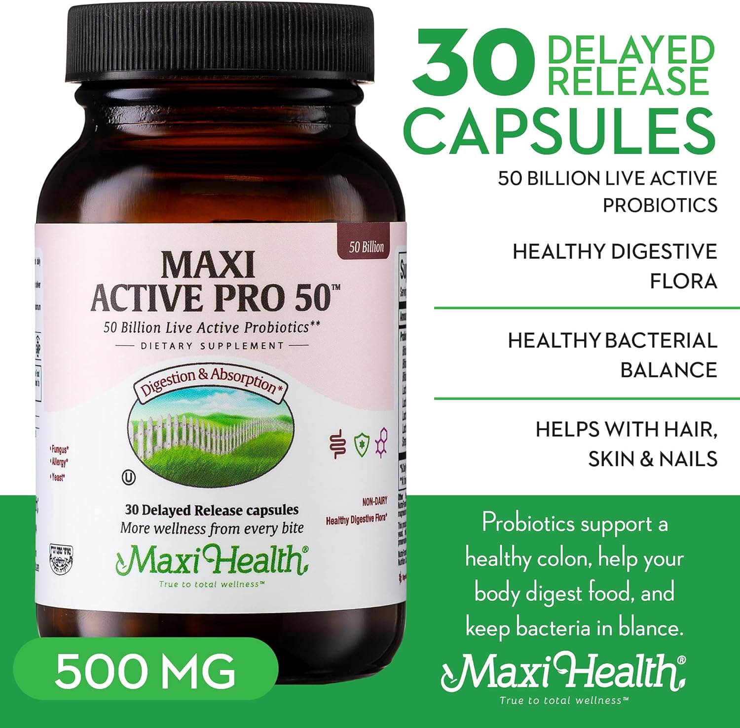 Maxi Health Probiotic Plus - 50 Billion CFU, 15 Strains, Delayed Release Capsules - 30 Count