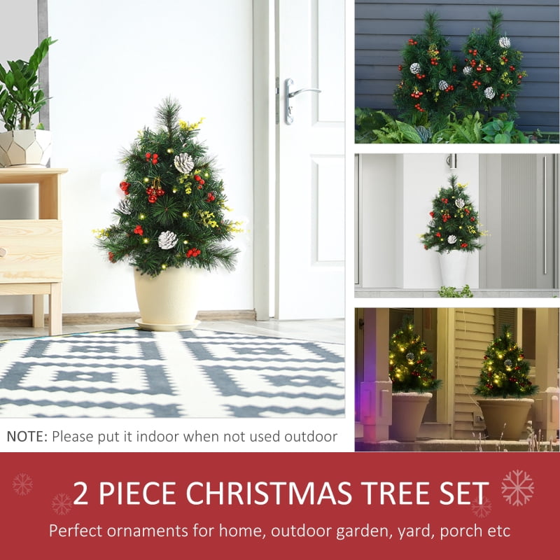 Alvantor Outdoor Christmas Trees Set of 2 Pre-Lit with 24 LED Lights & Stakes 13"x13"x24" Green