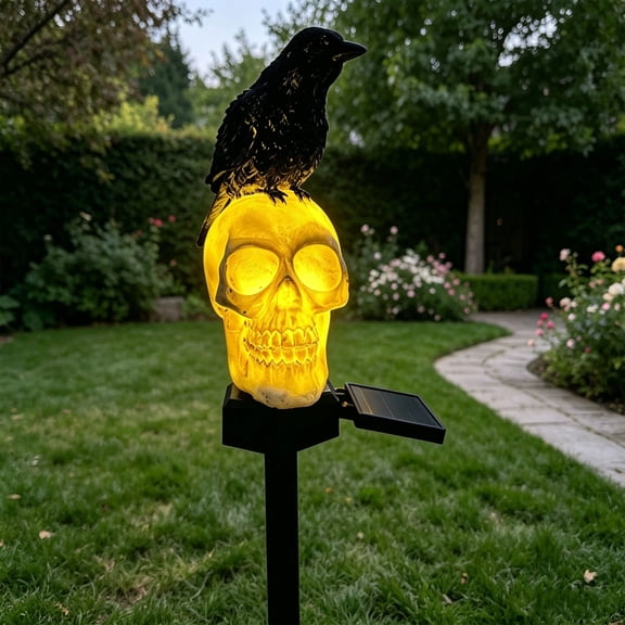 Homellea Solar Halloween Skull Raven Stake Light, 18.5 Inch Resin Skeleton Head Garden Lamp with Crow Accent for Yard, Pathway, Lawn, Planter, Graveyard Scene and Spooky Party Decor