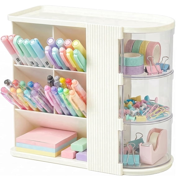 Elezeal Rotating Desk Organizer with Drawers, White Desktop Caddy Pen Holder for Home & Office