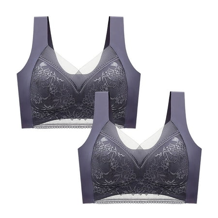 YWDJ Push up Bras for Women 2 Pack Back Closures Comfy Bras No Wires Sports Bras Wide Strap Full Coverage Bras Low Support Hollow Bras Padded Plus Size Lace Yoga Bras Comfort Wrap Solid Bras Gray 5XL