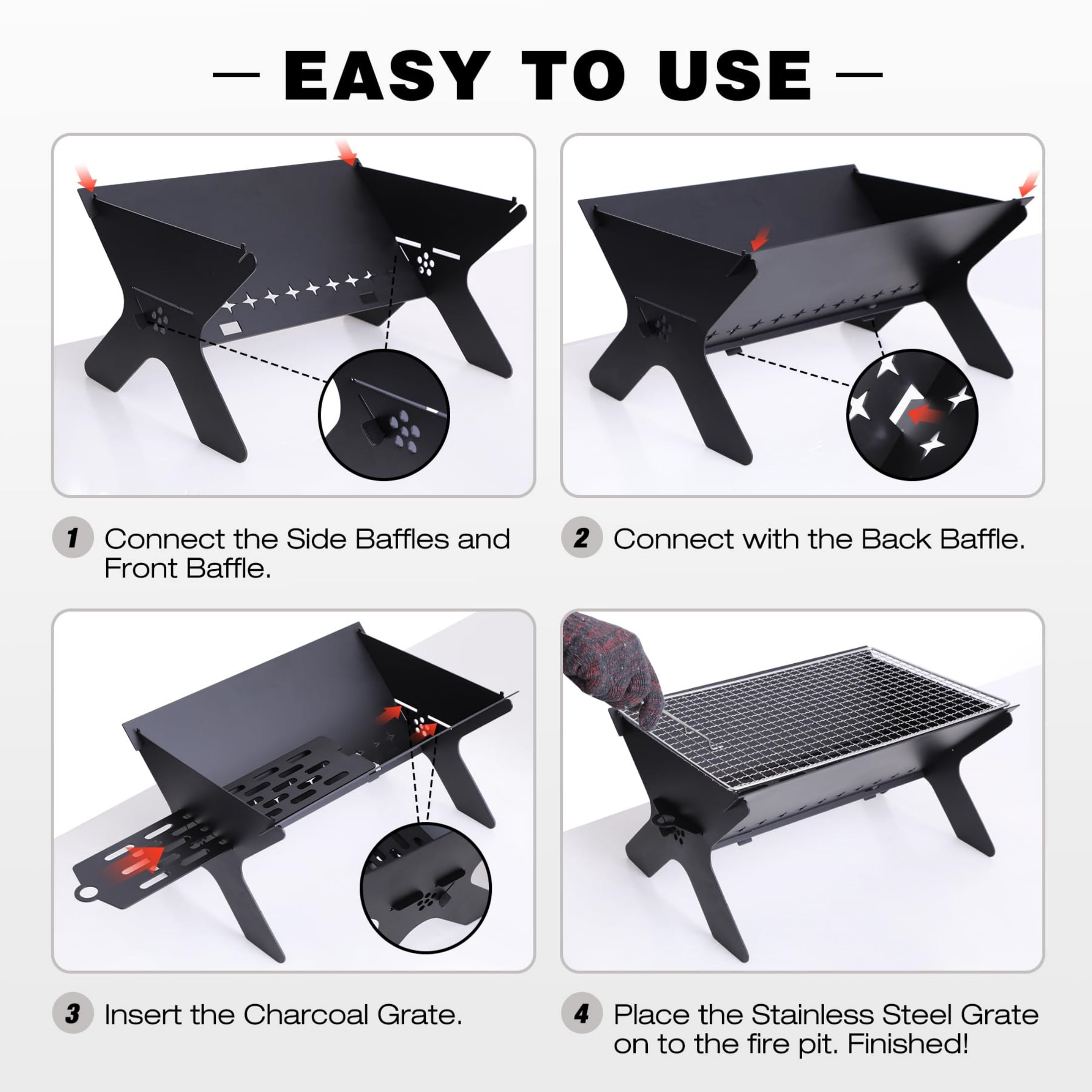 REDCAMP Portable Charcoal Grill, Large Folding Stainless Steel Fire Pit Grill with Carry Bag, Heavy Duty Campfire Grill for Outdoor Camping BBQ Cooking, Black