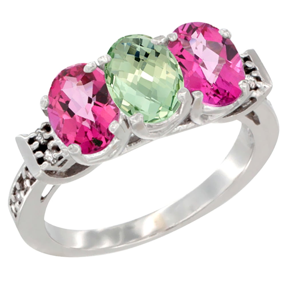 10K White Gold Natural Green Amethyst & Pink Topaz Sides Ring 3-Stone Oval 7x5 mm Diamond Accent, sizes 5 10 by WorldJewels