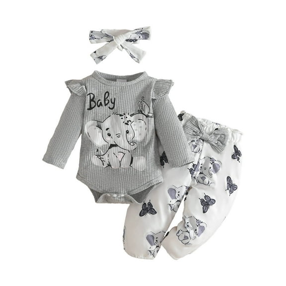 YuYuBao Baby Girls Outfits Sets Long Sleeve Ribbed Cartoon Print Romper Pants Headbands 3 Pieces Outfits Autumn Baby Girls Clothing, 9-12 Months