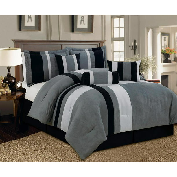 Aberdeen California King Size 7 Piece Luxurious Comforter Set Micro Suede Soft Bed In A Bag Patchwork Black Gray White Walmart Com Walmart Com