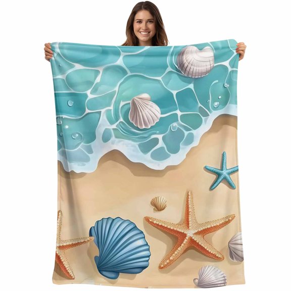 Flannel Fleece Throw Blanket Ocean Shell Starfish Cartoon Theme Lightweight Soft Plush Blankets,Beach Blue Sea Water Cozy Warm Throw Blanket for Couch Sofa Bed Car Office All Season Use 40x50in