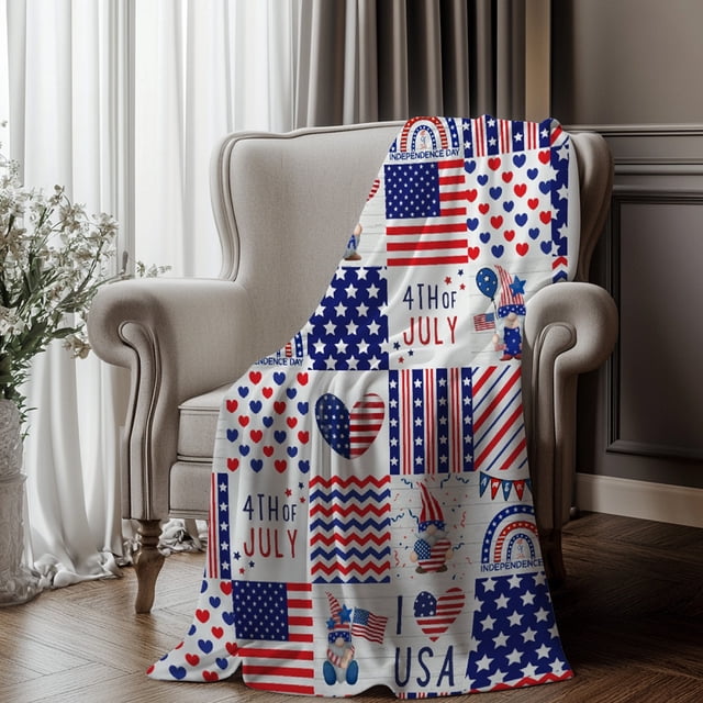 Xihbxyly Manta Del Día de La Independencia, Manta de Franela Suave, Manta Ligera para Sofá con La Bandera de Ee. Uu., Manta Decorativa Acogedora, Ideal para Viajes, Camping y Playa, Regalo Perfecto p