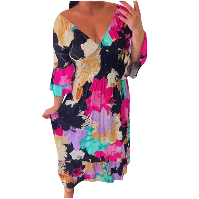 Pisexur Robe à Manches Courtes Col en V Mode Femmes Été Décontracté Taille Élastique Col en V Imprimé Manches 3/4 Robe Ample Robe Femmes
