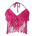 thumbnail image 5 of OOOUM Women Sequin Fringe 2 Piece Dance Outfit Spaghetti Strap V Neck Crop Top Mini Skirt Set Salsa Tango Party Performance Clothing Set Hot Pink One Size, 5 of 5