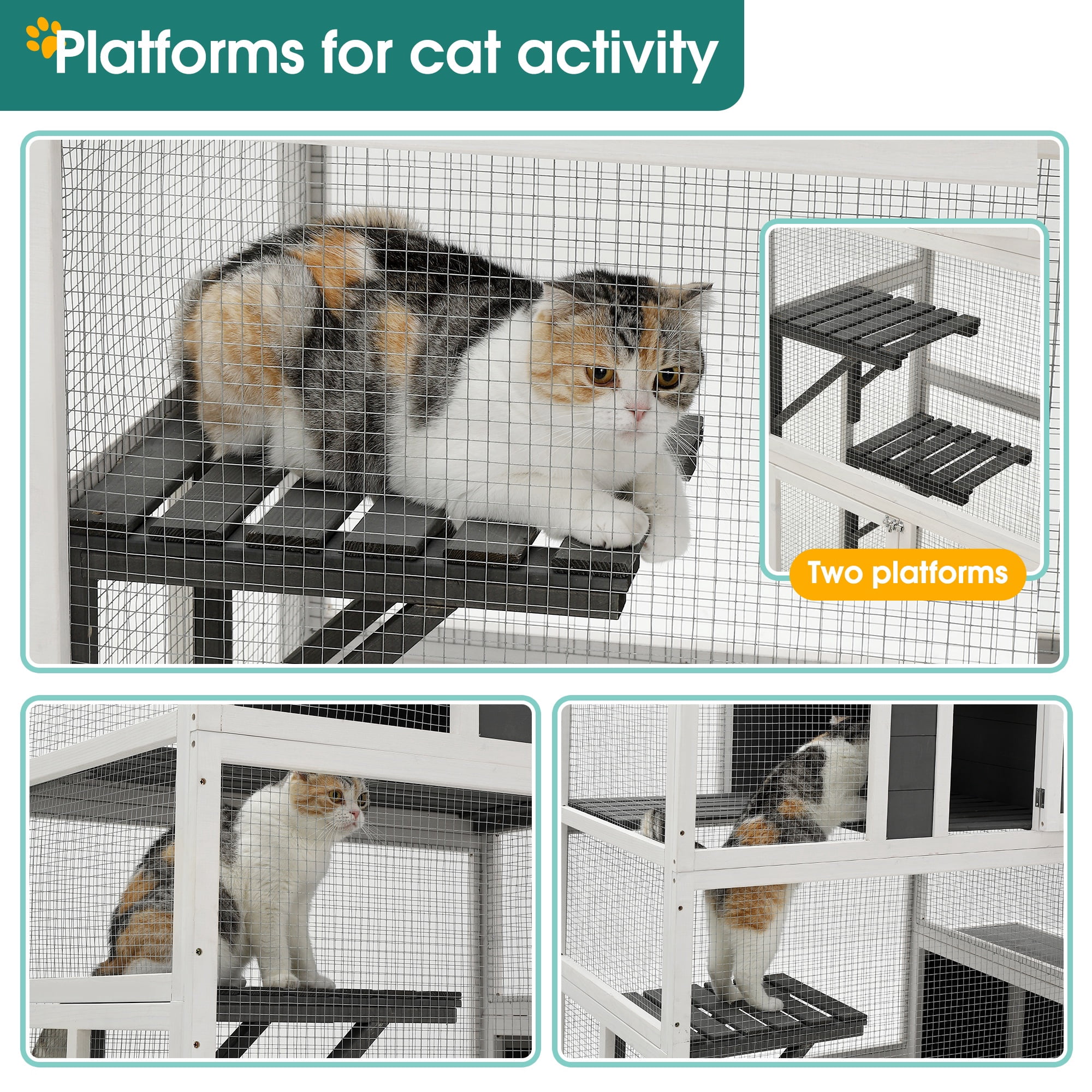 Outdoor Catio Enclosure for Cats Clearance, 3-Tier Wooden Catio Enclosure for 3 Cats, Winter Cat Cage for Indoor with Resting Box, Platforms, Jump Box, 71"H, Gray