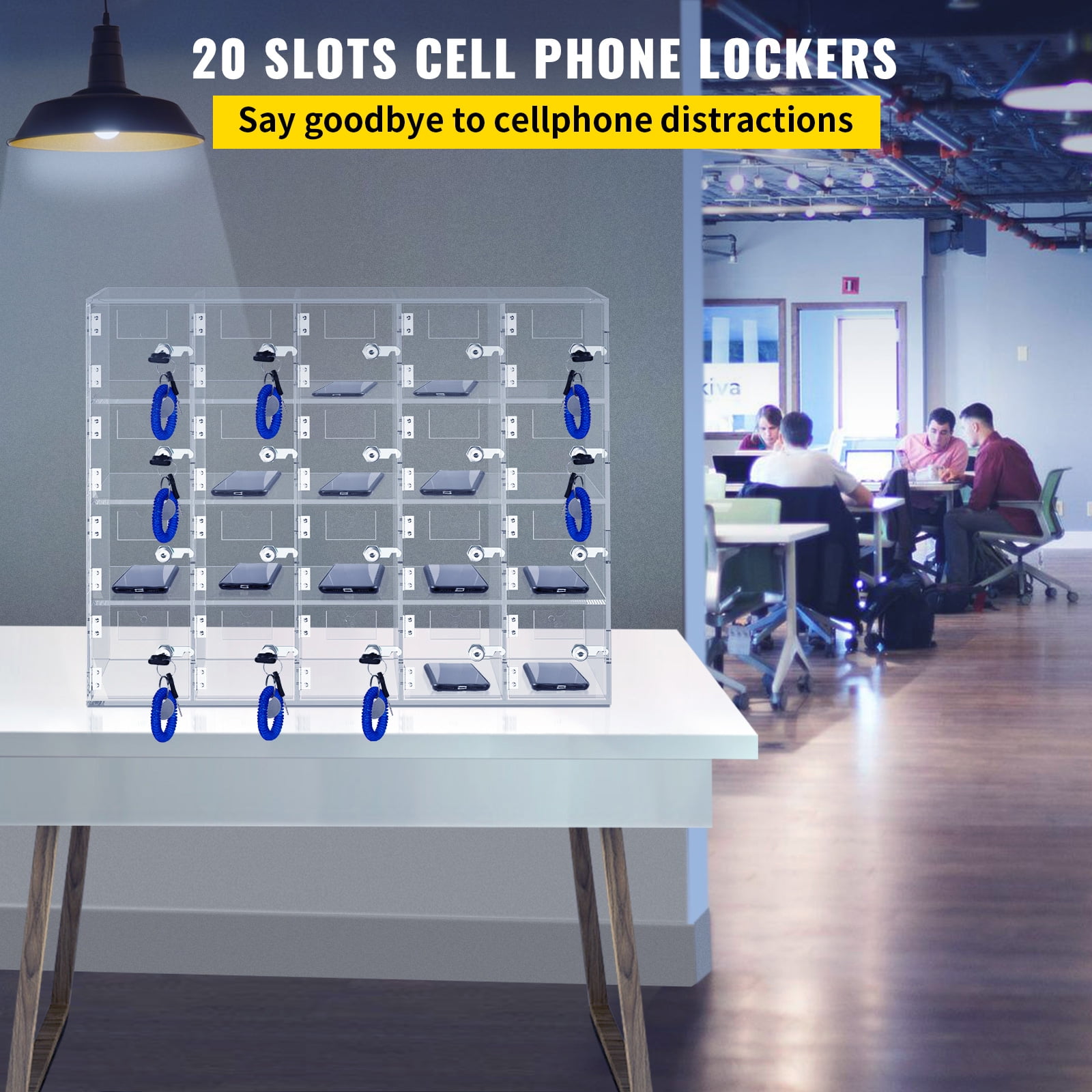 KFFKFF Acrylic Cell Phone Locker Box w/Keys 10 Slots Clear Storage Cabinet Pocket