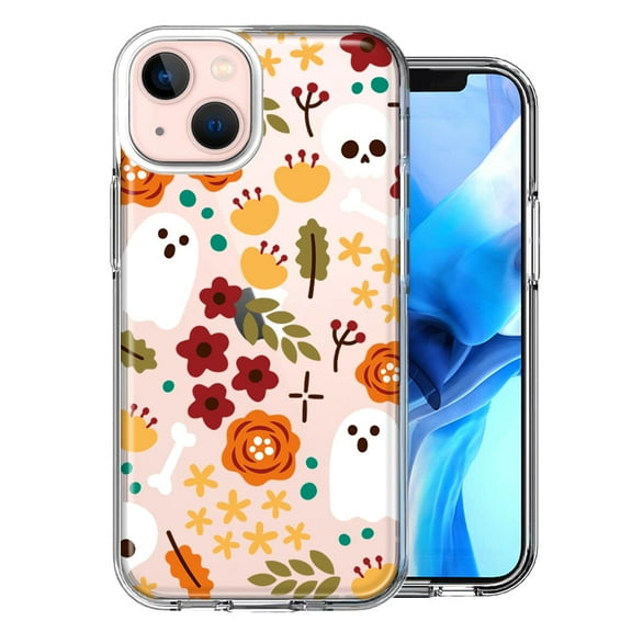 MUNDAZE Case for Apple iPhone 15 Hybrid Shockproof Slim Hard Soft TPU Shell Heavy Duty Protective Phone Cover - Spooky Season Fall Autumn Flowers Ghosts Skulls Halloween