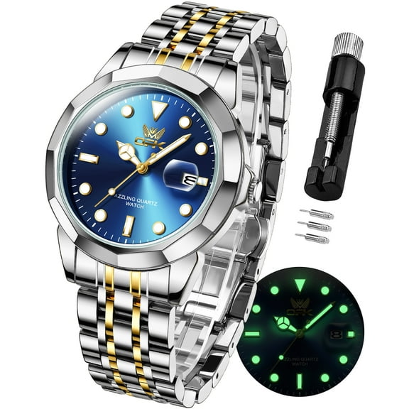 OPK Watches for Men Stainless Steel Business Dress Luxury Big Large Face Waterproof Quartz Analog Mens Watches with Date Wrist Men Watch Reloj para Hombre (Gold/Blue/Black Dial)