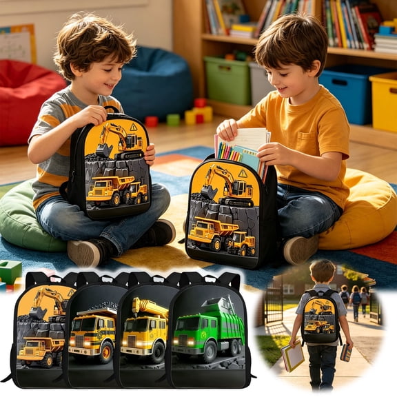 Construction Truck Pattern Backpack Customizable Assembly Car Casual Bag Lightweight Polyester Daypack for Sports School Outdoor Trips