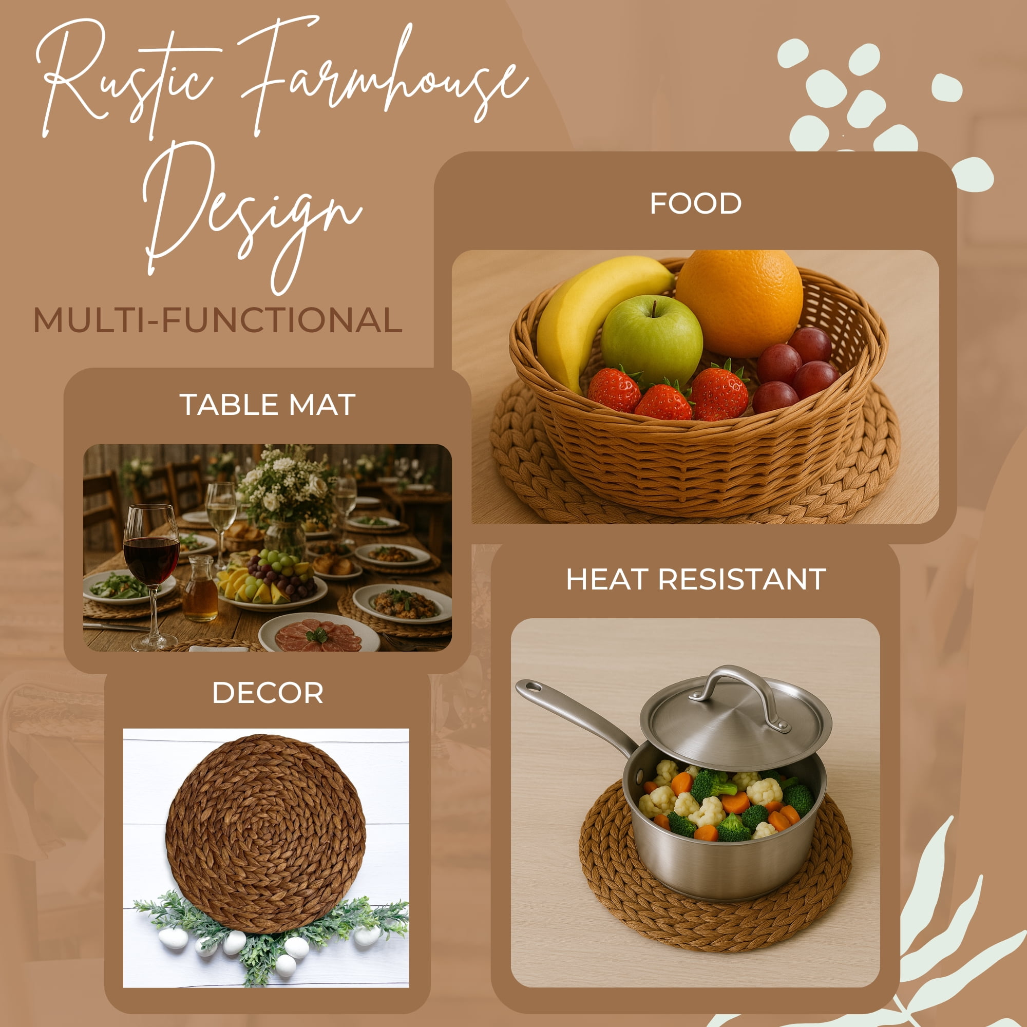 Set of 8 Round Woven Placemats (13.5", Brown Wash), Boho Wicker Placemats, Natural Water Hyacinth Placemats, Braided Straw Table Mats for Kitchen, Dining, Wall Decor