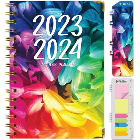 Hardcover Academic Year 2023-2024 Planner (June 2023 Through July 2024) 5.5  x 8  Medium Daily Weekly Monthly Planner Yearly Agenda. Bookmark  Pocket Folder and Sticky Note Set (Rainbow Petals)