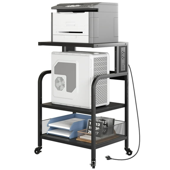 Portable Printer Stand with Power Outlet, 3 Tier Rolling Printer Table with Adjustable Storage Shelf and Wheels