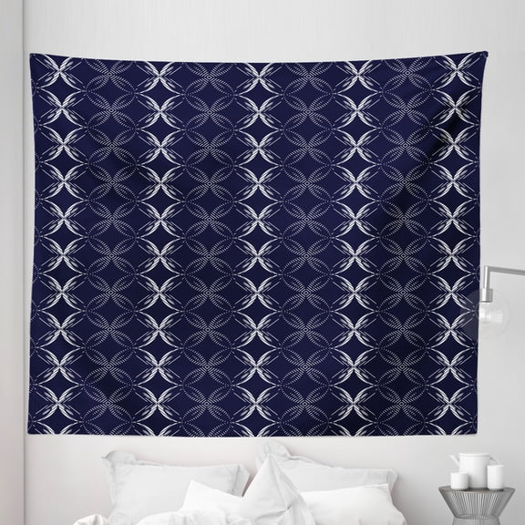 Trellis Blue Tapestry, Abstract Geometric Floral Look Circles Dash Lines Winter Themed Print, Fabric Wall Hanging Decor for Bedroom Living Room Dorm, 5 Sizes, Indigo and White, by Ambesonne