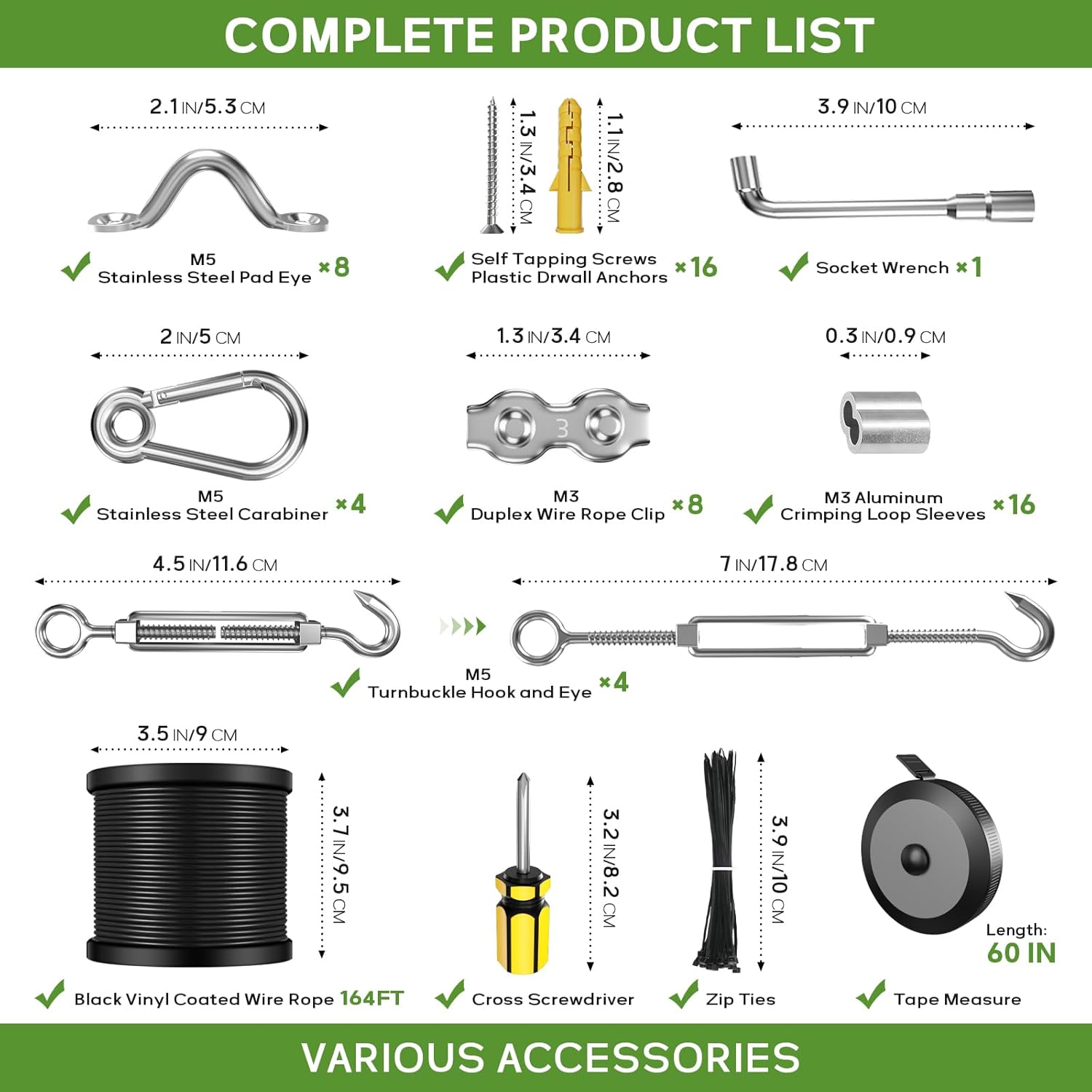 String Light Hanging Kit with 164FT Vinyl Coated Stainless Steel 304 Wire Rope Suspension Kit Included Enough Accessories with Turnbuckles and Hooks for Patio, Garden and Wedding Lighting