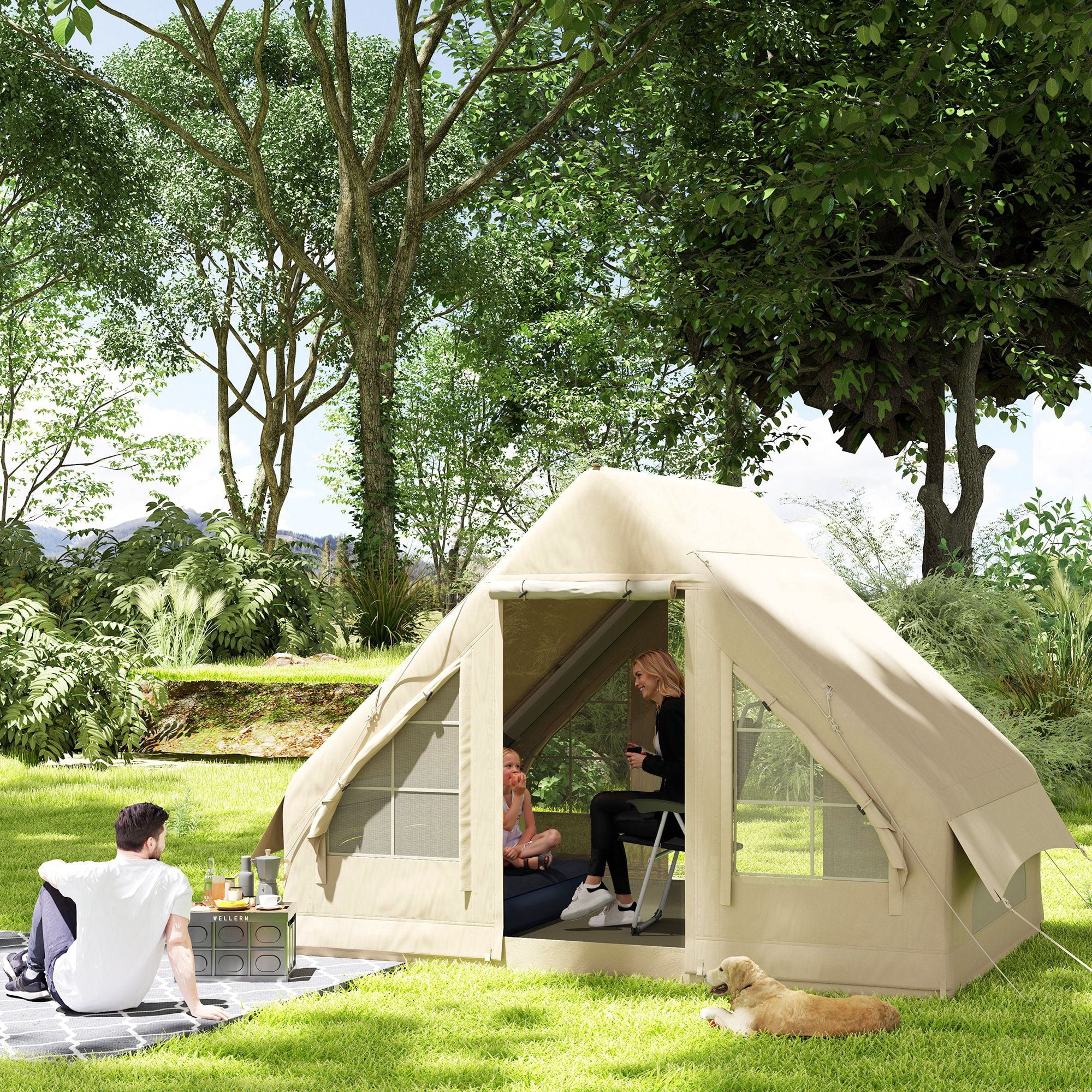 Outsunny Inflatable Camping Tent with Hand Pump, 4-6 Person 420D Oxford Fabric Blow Up Cabin Tent, 3000mm Waterproof & UPF50+ for Glamping, Sand, 118.1" L x 78.7" W x 78.7" H