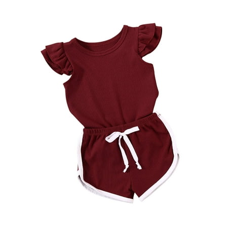 

Summer Toddler Kids Baby Girl Solid Cotton Ruffle Top T Shirt+Shorts Pants 2PCS Outfit Clothes Set
