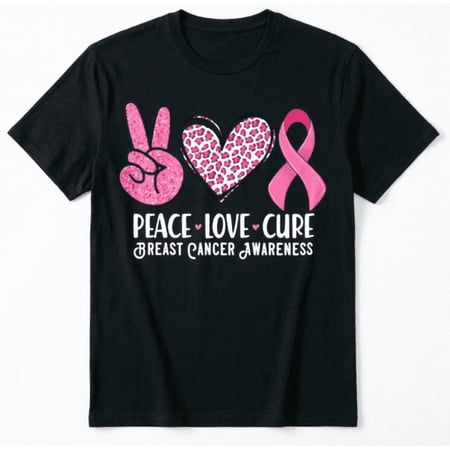 Voguly Peace Love Cure Breast Cancer Awareness Tee, Pink Ribbon Leopard Heart Graphic T-Shirt Women Support Survivor Gift