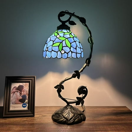 Tiffany Table Lamp Blue Stained Glass Green Leaves Iron Metal Leaves Bronze Base For Living Room Dining room Bedroom Bedside 21"H