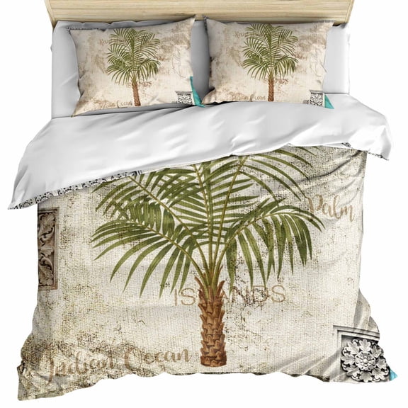 Vintage Palm Trees Bedding 3 Piece Duvet Cover Set Twin Size, Summer Tropical Botanical Beige Burlap Soft Microfiber Comforter Cover with Zipper Closure & Pillowcases, FadeResistant Quilt Cover