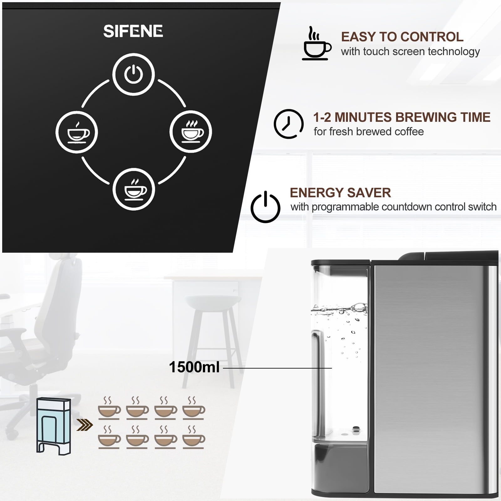 SiFENE 3 in 1 Coffee Maker Single Serve K Cup Machine - Removable 50 Oz Reservoir - Black