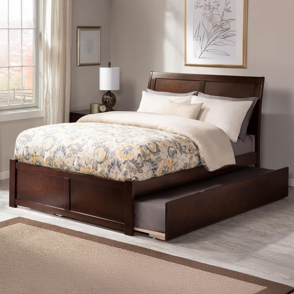 Pemberly Row Queen Solid Wood Bed with Twin XL Trundle in Walnut