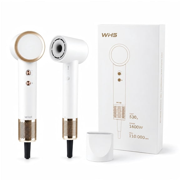 WHS High Speed Ionic Hair Dryer, 110,000 RPM Brushless Motor, 4 Heat Settings, Lightweight, White