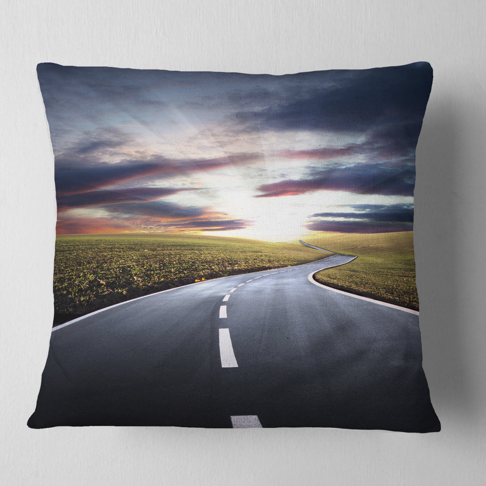 Designart Road to Hills Under Clouds - Landscape Photo Throw Pillow - 18x18