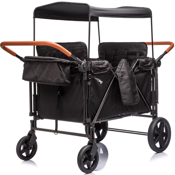 Ucades Wagon Stroller for 4 Kids, Foldable 4-Seater Stroller Wagon with Removable Canopy, Snack Tray, Convertible Seats, 5-Point Harness, Dual Adjustable Handles, All-Terrain PU Wheels, Black