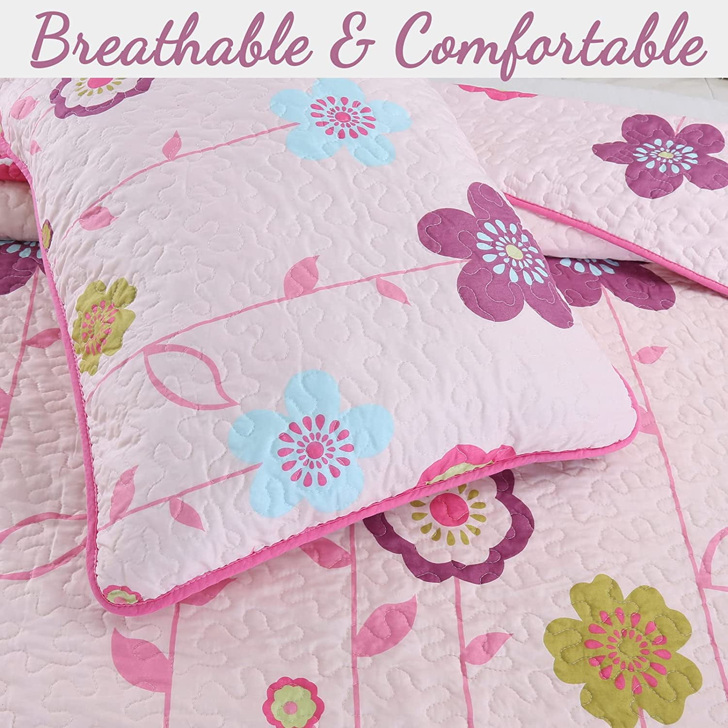 Cozy Line Microfiber Reversible Girls Coverlet Bedspread Quilt Set with Shams (Flower Garden, Queen - 3 Pieces)