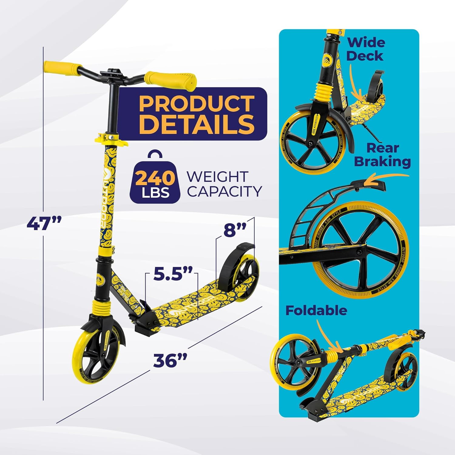 Outdoor Cruiser Kick Scooter for Ages 6+, for Kids, Teens, and Adults, Max Load 250 LBS, Foldable, 8-inch Big Wheels, Dual Suspension, 3 Adjustable Levels, Child Safety Approved, Yellow