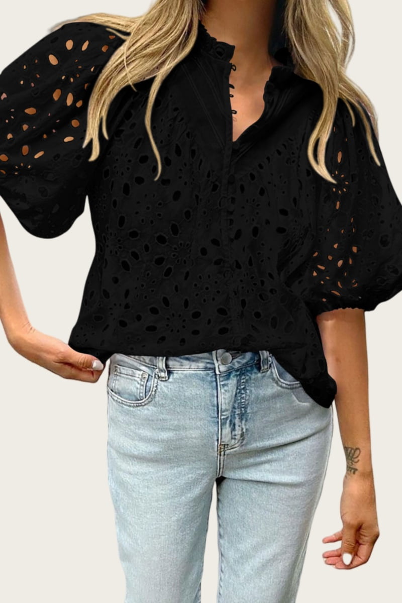 PRETTYGARDEN Women's Summer Tops Dressy Casual Short Lantern Sleeve V Neck Buttons Hollow Out Lace Embroidered Blouses Shirts