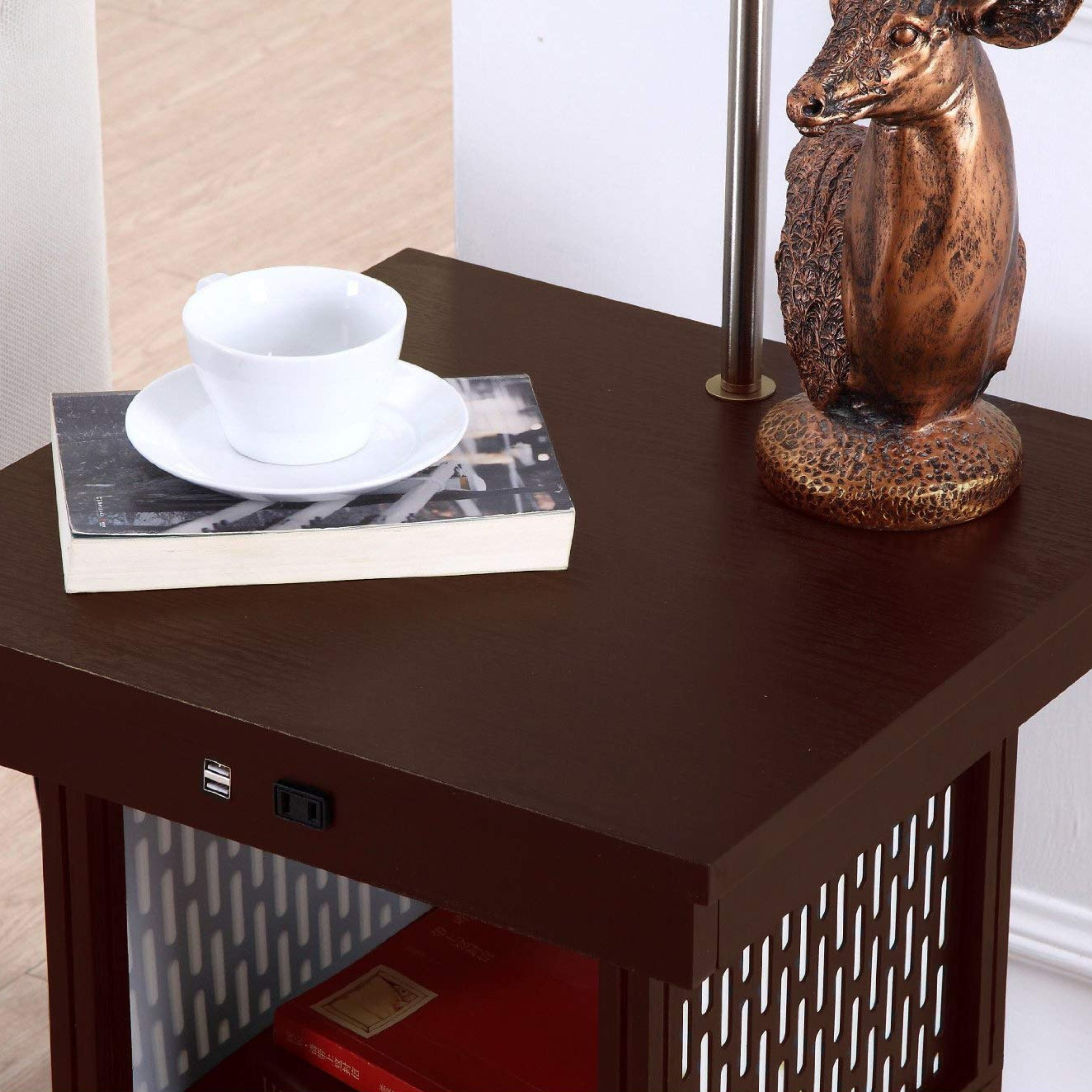 Brightech Madison Side Table with Lamp Set of 2 - LED Desk Lamp with USB Port, Bedside Reading Lamp, Modern End Table with Floor Lamp for Bedroom, Living Room, Office - Havana Brown