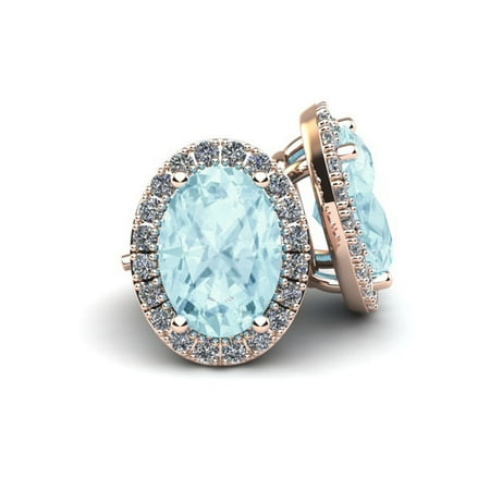 2 1/2 Carat Oval Shape Aquamarine and Halo Diamond Stud Earrings In 14 Karat Rose Gold